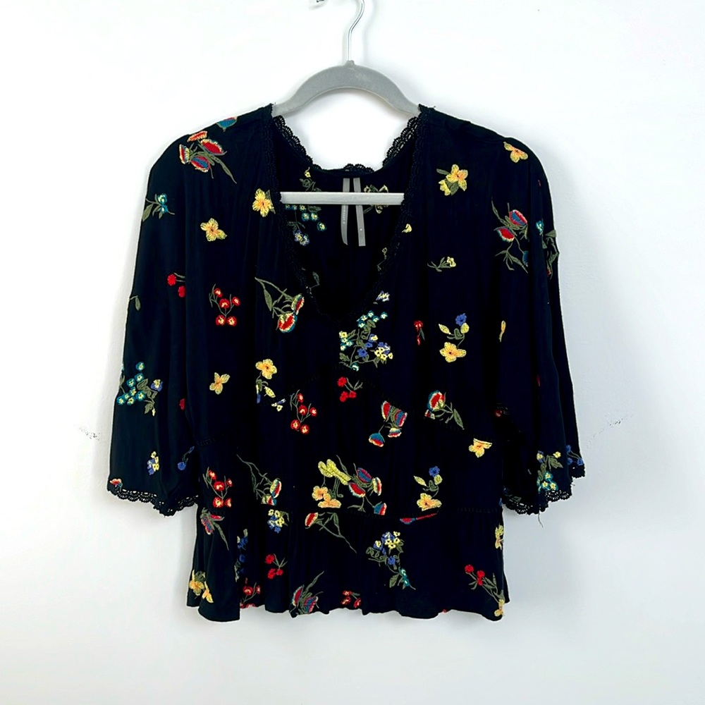 Anthropology Black Floral Embroidered Blouse, size S